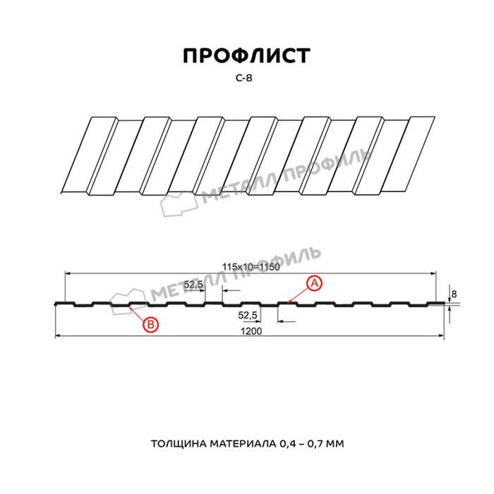 Профлист Металл Профиль C8 0.28 Цинк Без покрытия Бесцветный A фото 2